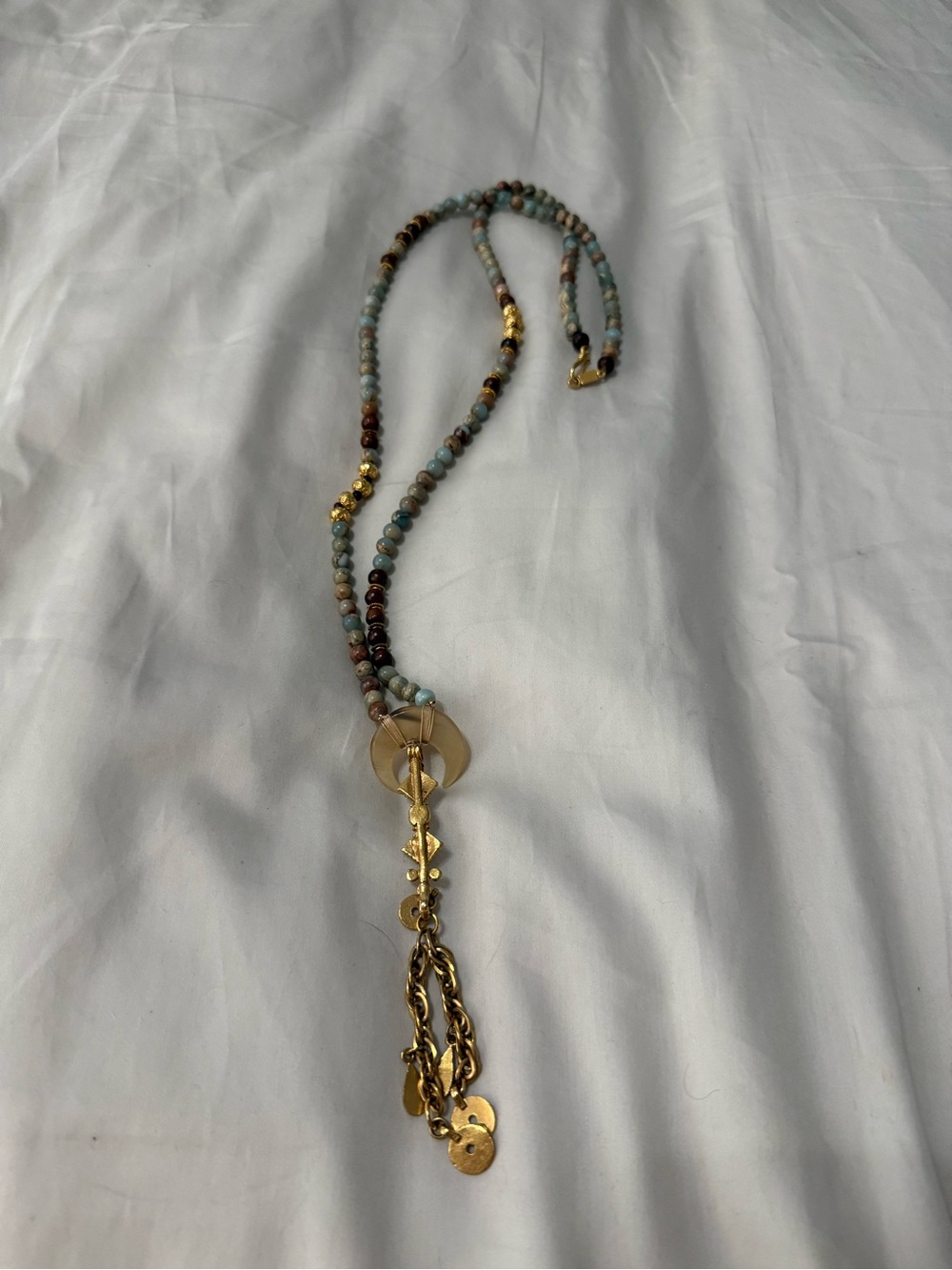 Chan Luu Beaded Tassel Necklace with Gold Accents - Blue and Brown